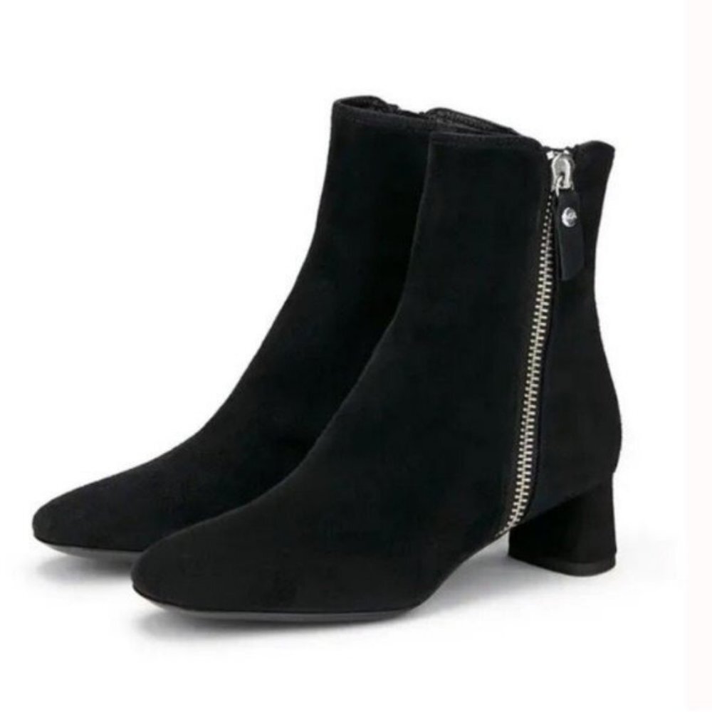 AGL Black Suede Bootie Exposed Silver Side Zipper Chunky Block Heel NWT 36.5 - Picture 5 of 7